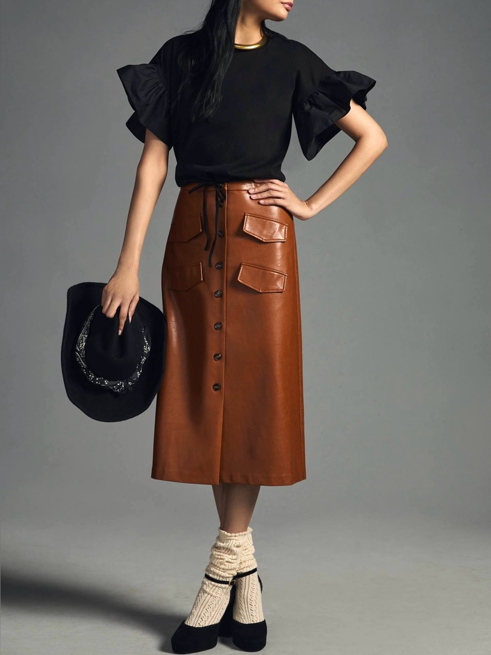 Mare Mare x Anthropologie Faux Leather Midi Skirt Cognac Brown Sz M